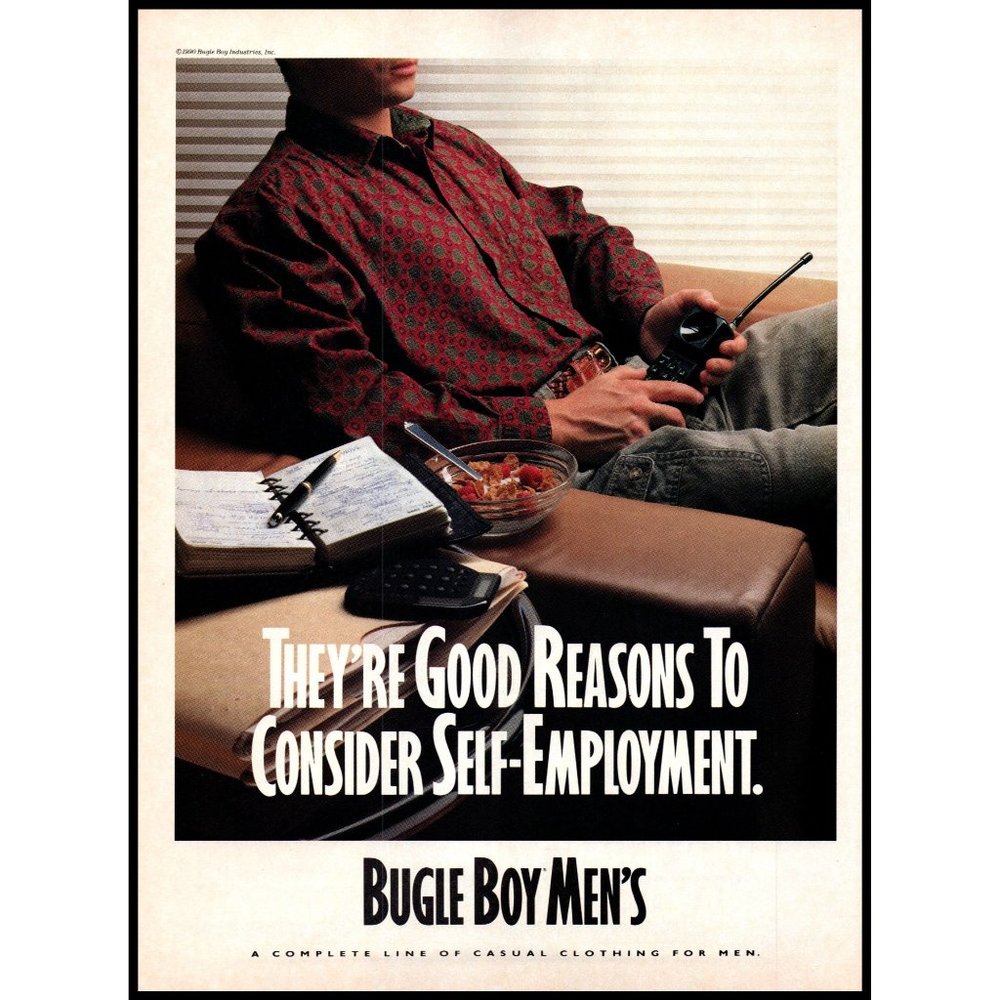 1991 Bugle Boy Men's Clothes Vintage Print Ad Cordless Phone Planner 90 Wall Art